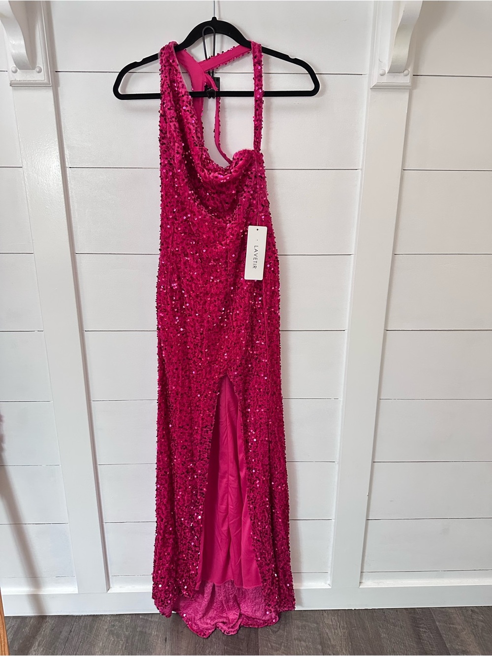 New Lavetir 2 Pink sparkle glam floor length front split evening prom dress